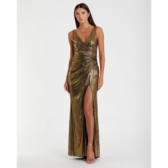 MAC DUGGAL Size Large 27063 Gold Metallic Ruched Front Slip V-Neck Gown Dress - Picture 1 of 10